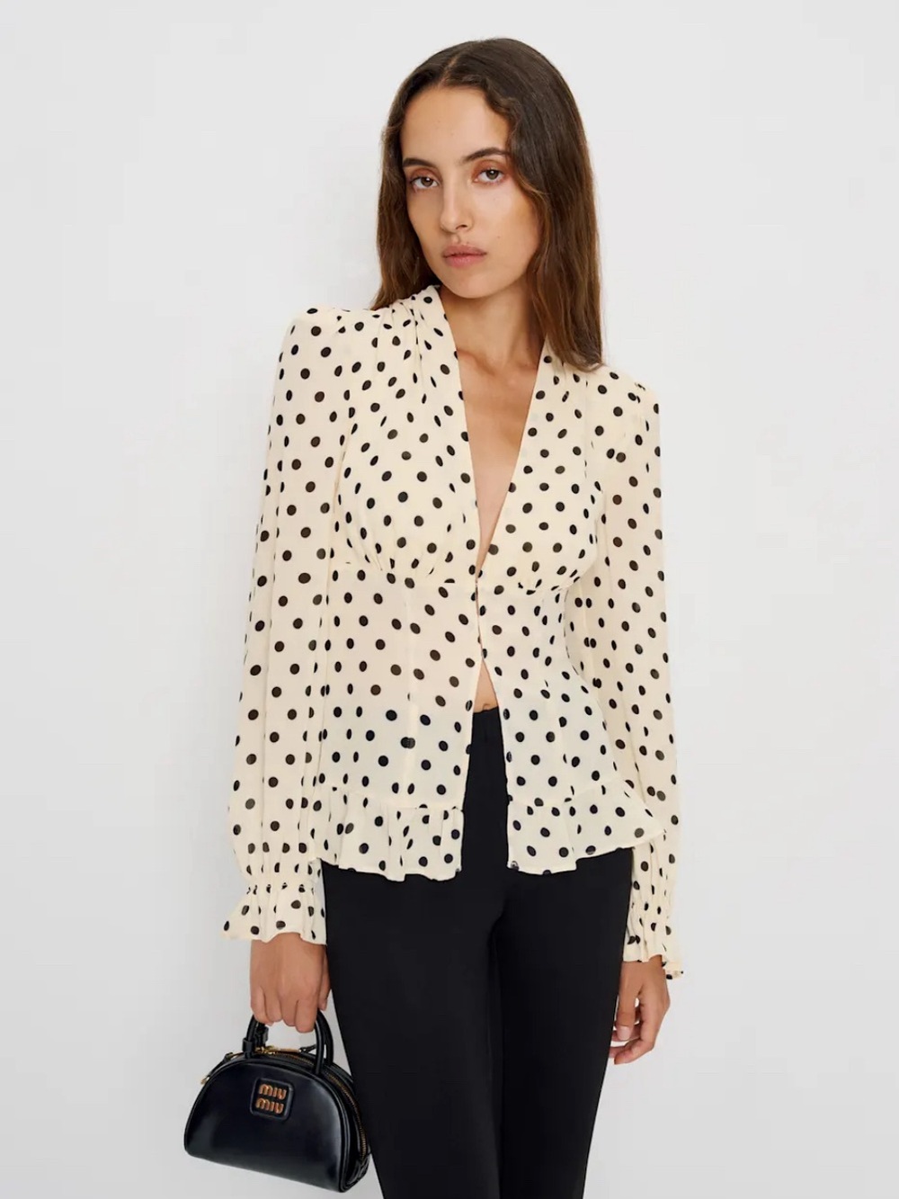 Reformation Cream Polka Dot V-Neck Blouse